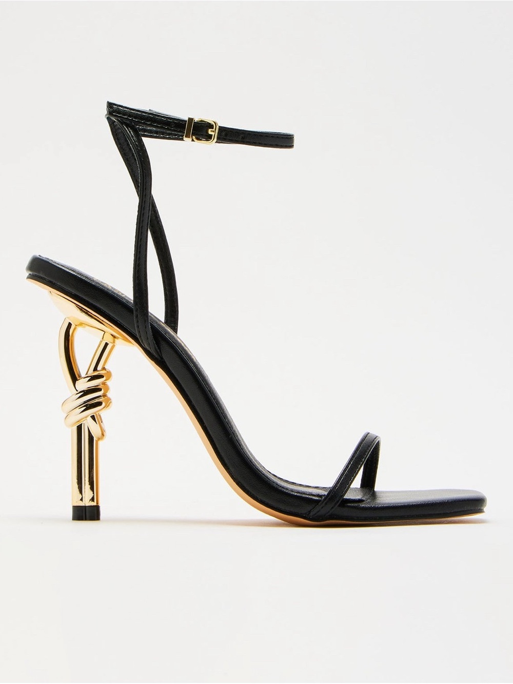 Fashion Nova  Black Strappy Heels with Gold Sculpted Heel